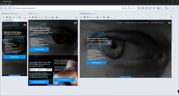 Schernata di utilizzo strumento Responsively App su sito web ITLab360. I 3 schermi mostrano il sito su differenti devices (desktop, tablet e mobile)