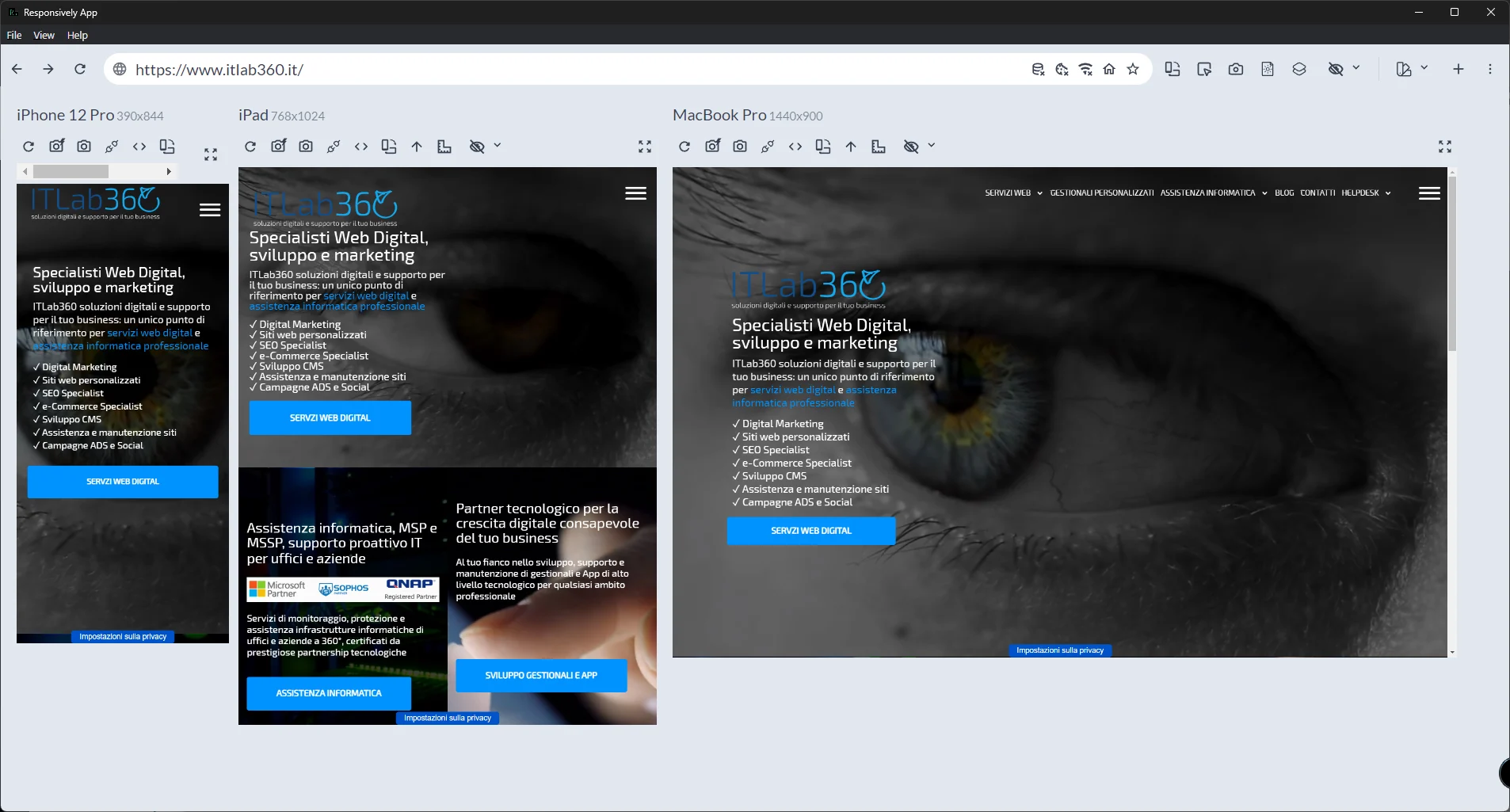 Schernata di utilizzo strumento Responsively App su sito web ITLab360. I 3 schermi mostrano il sito su differenti devices (desktop, tablet e mobile)
